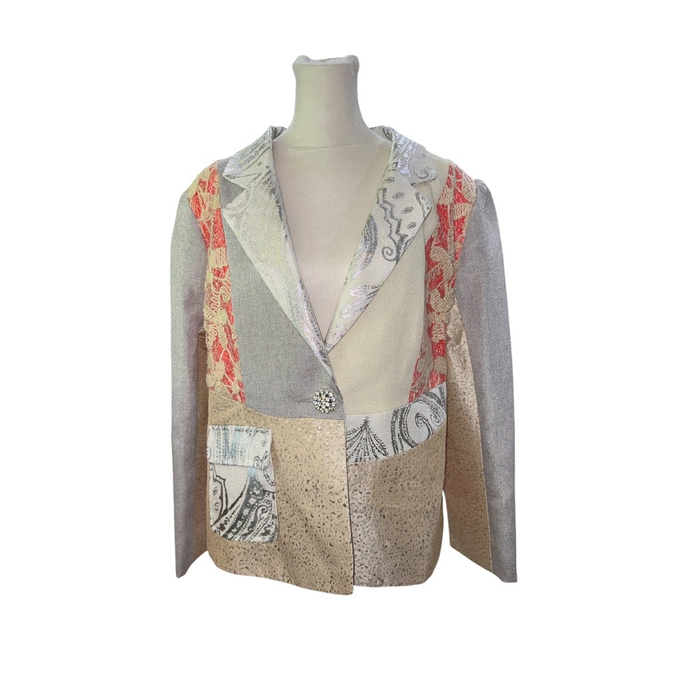 K Julia Tapestry Patchwork Metallic Blazer Jacket Silver Gold Coral XL S12700J